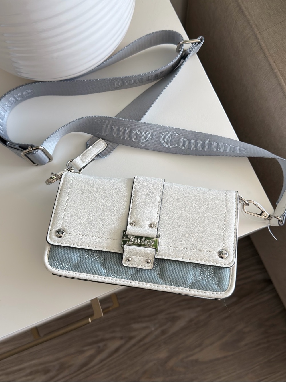 Juicy Couture White and Light Blue Leather Crossbody with Logo Strap